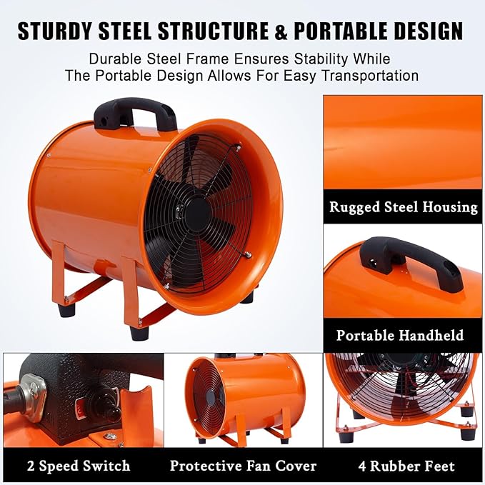 Portable Utility Blower Fan with 33ft Duct Hose, 12" 580W 3500 CFM Heavy-Duty Exhaust Fan, High-Speed Industrial Blower for Workshop Ventilation, Crawl Spaces, Basement, and Confined Areas