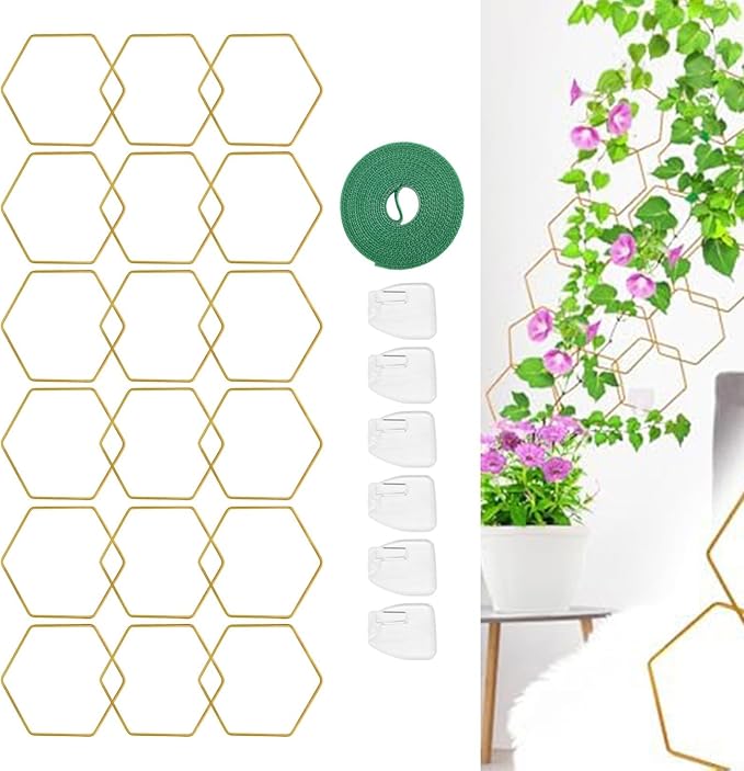 Plant Support Trellis Hexagonal Chain Trellis,Metal Plant Support With Weatherproof Matte Gold Finish,Indoor Outdoor Use 18-Piece ﻿