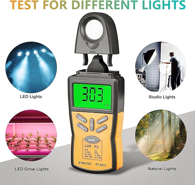 BTMETER Digital Illuminance Light Meter BT-881C,Lumen/FC Photometer,Luxmeter Sensor Measure 0.1~200000 Lux (0.01~20000FC) Lights,Bright Tester for Photography, Plant, Foot Candle