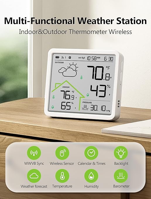 Weather Station with 1 Remote Sensor, Wireless Indoor Outdoor Thermometer Hygrometer, Home Weather Stations with Atomic Clock, Weather Forecast, Temp, Humidity, Barometric, Adjustable Backlight