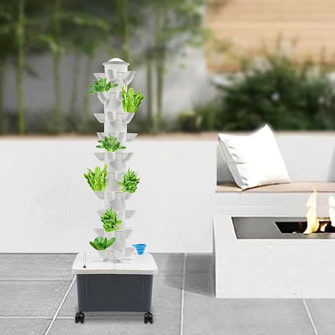50-Holes Hydroponic Tower Growing System Indoor, Garden Vertical Planter Germination Kit with Pump, Hydroponics Growing Tower, Smart Vertical Hydroponic Garden Tower w/Movable Grey Water Tank, IP68