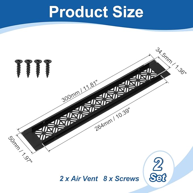 uxcell 2Pcs Aluminum Alloy Air Vents, 300 x 50mm / 11.8 x 2" Rectangle Louvered Ventilation Grille Cover with Mounting Screws for Door Cabinet Wardrobe, Matt Black