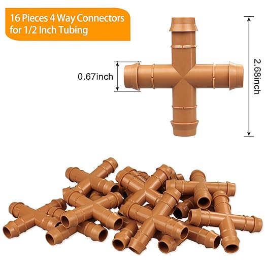 Drip Irrigation Fittings Barbed Cross Tee for 1/2" Irrigation Tubing(0.600" ID), 16 Pieces Barbed 4 Way Connectors, Drip Line 4 Way Couplings for Drip Sprinkler Garden Lawn Systems