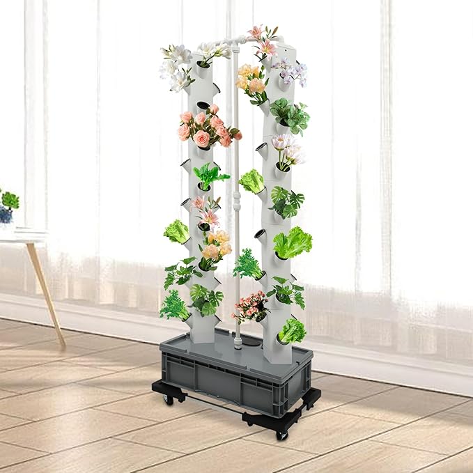 56-Plant Hydroponic Tower Growing System Indoor Outdoor, Garden Vertical Planter Germination Kit with Pump & Wheels, Hydroponics Growing Tower, Smart Vertical Hydroponic Garden Towers, Grey Base
