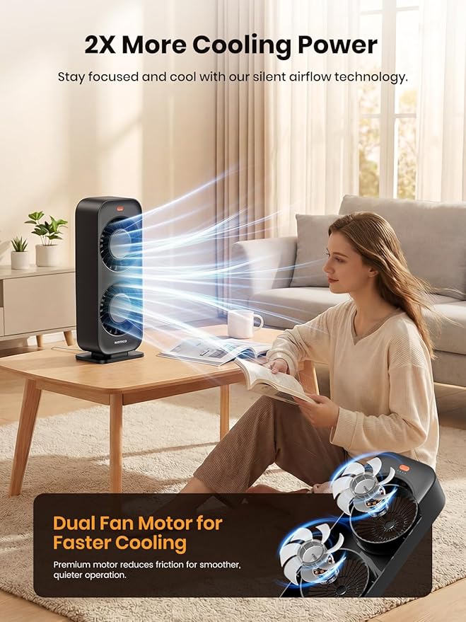 Warmco Desktop Tower Fan for Bedroom, Dual Motor 6m/s High Velocity Desk Fan with 4 Speeds, Quiet Cooling Fan (45dB) for Home Office Dorm, Portable Personal Table Fan with Detachable Grille - Black