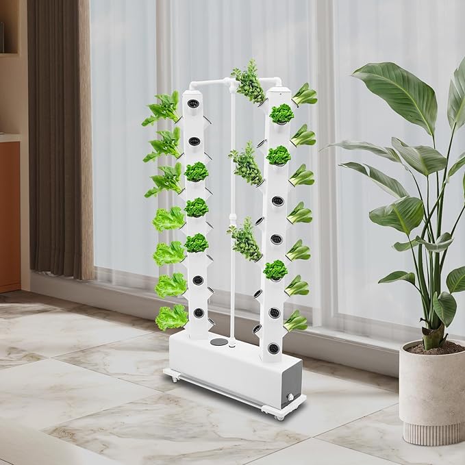 Hydroponics Growing System, 56-Plants Indoor Vertical Planter Germination Kit Smart Garden Planter Tower System with Movable Large Water Tank and Water Pump Suitable for Garden, Balcony & Rooftop