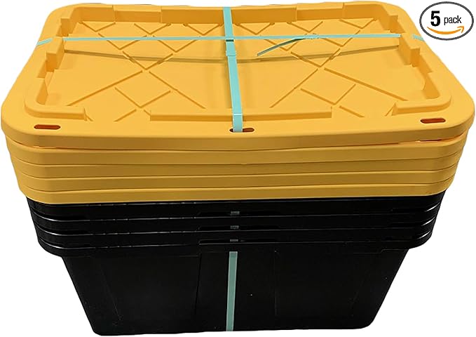 MonsterRAX 27 Gallon Storage Bins - Stackable, Lockable, Yellow Lids, Black Bin, 5-pack