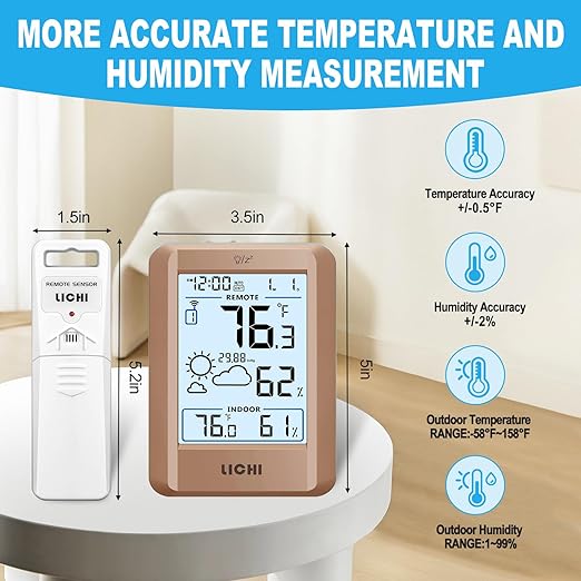 Indoor Outdoor Thermometer Wireless Weather Station External Thermometer Hygrometer Monitor with 330ft Range Remote Sensor, Battery Operated Backlit Display (Khaki)