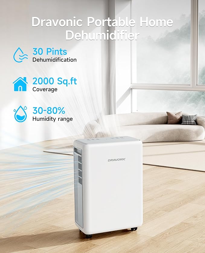 2000 Sq. Ft Dehumidifier for Basement, 30 Pint Dehumidifiers for Home, Bedroom and Bathroom, 3 Modes Dehumidifier with Drain Hose, Smart Humidity Control, 24H Timer, Child Lock (White)