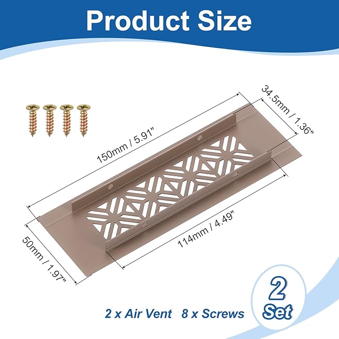uxcell 2Pcs Aluminum Alloy Air Vents, 150 x 50mm / 5.9 x 2" Rectangle Louvered Ventilation Grille Cover with Mounting Screws for Door Cabinet Wardrobe, Brown