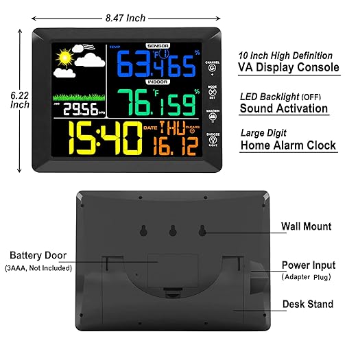 Wireless Weather Station Clock, 10 Inch Home Indoor Weather Monitor with Barometer, Outdoor Temperature and Humidity Gauge, Black