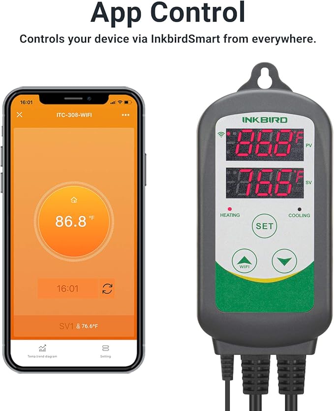 Inkbird WiFi ITC-308 Digital Temperature Controller Aquarium Thermostat for Aquarium Heater and Cooler, with Waterproof Sensor.