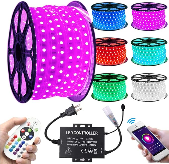 LED Strip Lights, WiFi 110-130V RGB Dimmable Waterproof 5050 60 LED/m Light Strip with 1500W Controller, Compatible with Alexa, Google Home, iOS & Android Music Time Control System(66ft/20m)
