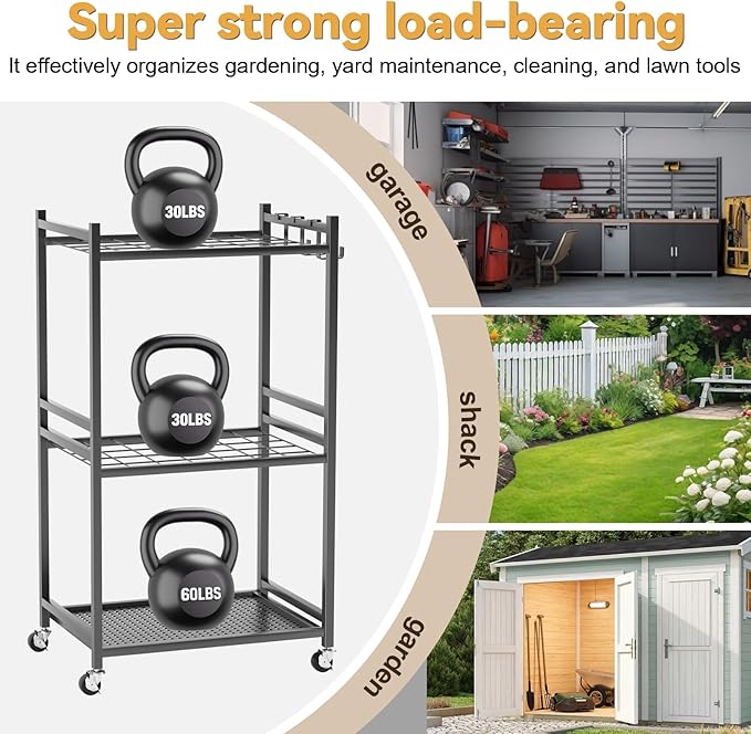 Garden Garage Tool Organizer 35-Slot with Wheels, Adjustable Feet Yard Tool Rack for Shovels, Rakes, Brooms and Cleaning Equipment Black