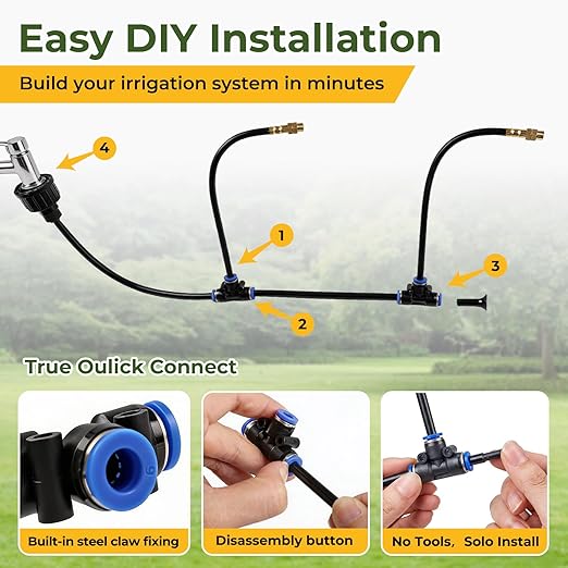 50FT Drip Irrigation Kit, 360° Adjustable Garden Watering System with 1/4" Tubing, Brass Misting Nozzles, DIY Irrigation System for Plants, Raised Beds, Greenhouse