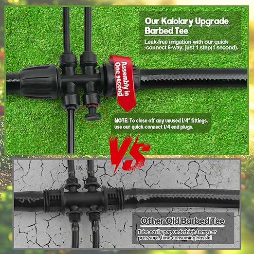 Kalolary 5PCS 1/2'' to 1/4'' Barbed Tee Quick Connectors, Push-to-Fit 6 Way Drip Irrigation Fittings with 4PCS Plugs Anti-Leak Drip Irrigation Part for 1/2" Irrigation Tubing Garden Watering System