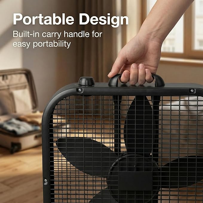 20-Inch Box Fan with Weather-Resistant Motor, 3-Speed Floor and Window Cooling Fan with Plastic Frame, Portable Carry Handle, 72-Inch Cord for Bedroom, Garage, Dorm, Black