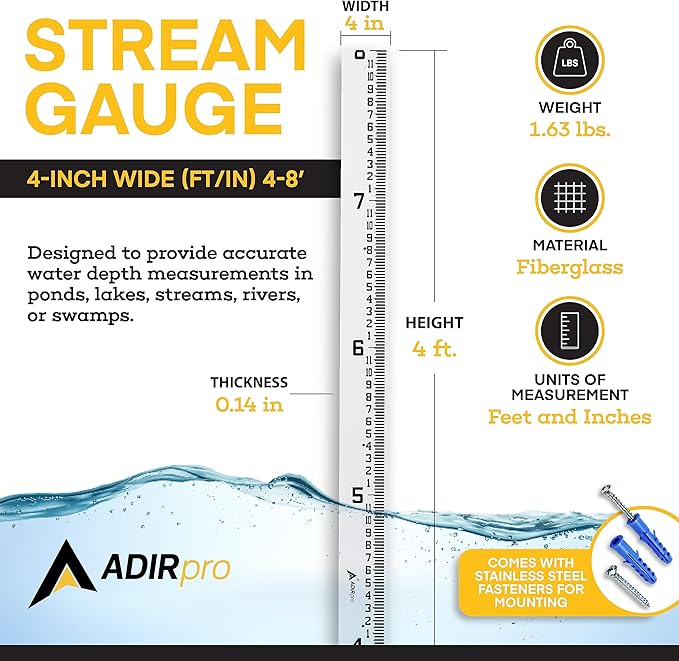 AdirPro 4" Wide Stream Gauge - Heavy Duty Staff Gauge - All Weather Gauge - Water Depth Gauge - Flow Meters - Graduated in Feet/Inches (4-8')
