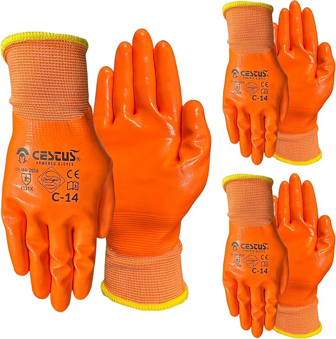 Cestus C-14, 3 Pairs Nitrile Coated Work Gloves for Men, Waterproof Safety Gloves for Fuel Handling, Construction, Warehouse