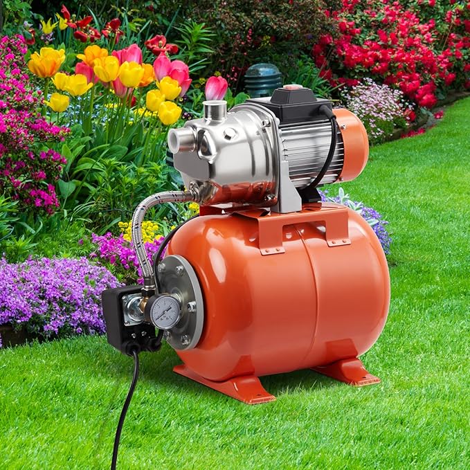 1.6HP Shallow Well Pump with Pressure Tank, Stainless Steel, 115V Irrigation Pump, Automatic Water Booster Jet Pump for Home, Garden, Lawn
