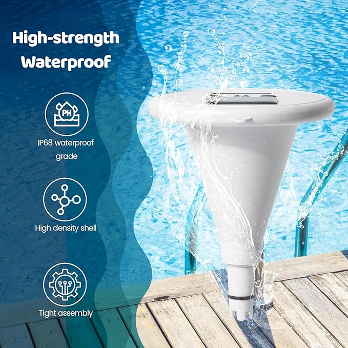 Wireless Pool Monitor, Solar Pool Water Tester with Dual Displays & High-Precision Electrode for Real-Time Detection of Water Temp pH EC TDS for All Swimming Pools, Spas, and Hot Tubs
