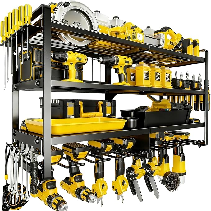 Heavy Duty 4-Tier Wall Mount Tool Rack, 8-Drill Holder & Charging Station, 400lb Load Shelf for Garage Workshop Organization