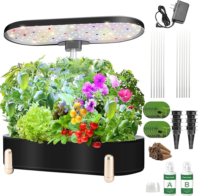 Indoor Garden Hydroponics Growing System12 Pods Plant Germination Kit Aeroponic Herb Vegetable Growth Lamp Countertop with LED Grow Light Smart Water Pump Automatic Timer (Black)