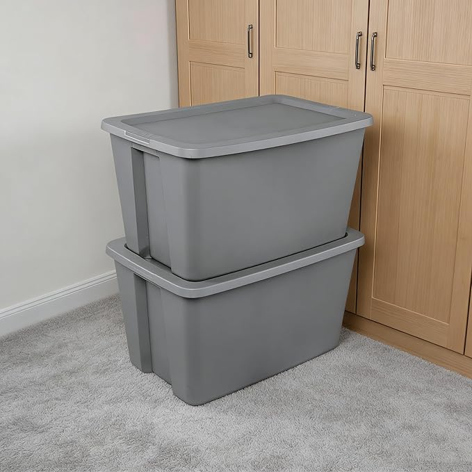 (2 Pack) Extra Large 30 Gallon Storage Bin with Locking Snap-On Lid, Plastic Storage Container, Gray