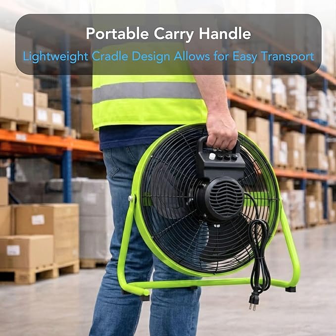 Comfort Zone 18-Inch High-Velocity Industrial Floor Fan, Heavy-Duty 3-Speed Metal Shop Fan with 180° Adjustable Tilt & Carry Handle, Quiet Vibration-Free Cooling for Garage, Workshop, & Home