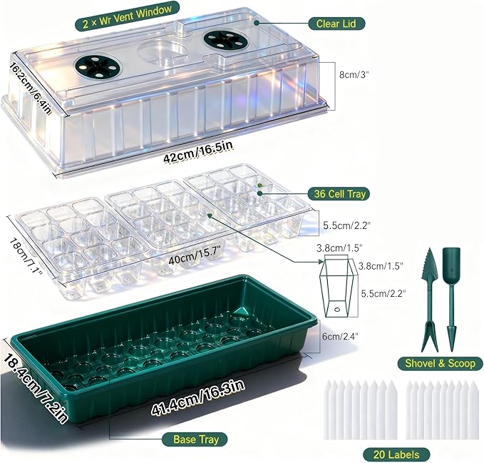 Seed Starter Tray with Grow Light, 2 Pack 72 Cells Seed Germination Kit with Humidity Dome, Adjustable Brightness Plant Germination Tray for Herb, Indoor Seedling Starter Trays for Gardening