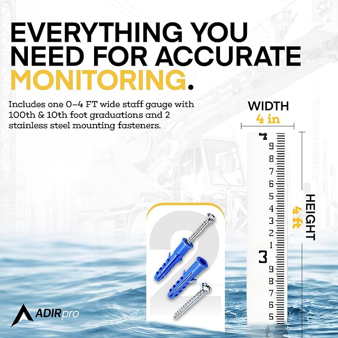 AdirPro 4" Wide Staff Gauge 0-4 Feet | Water Level & Stream Depth Gauge with 100th & 10th Foot Graduations | Heavy-Duty All-Weather Fiberglass Flow Gauge