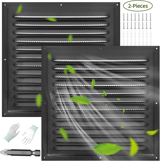 (Black 2 Pack 10" x 10"Inch) Gable Vents, Aluminum Walls, Lofts, Garages etc with Screened Metal Shed Vents, Outdoor House Loft Ceiling Reinforced Square Vents Shutters Exterior Grille (Matt)