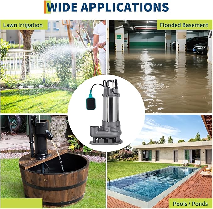 1/2 HP Submersible Sewage Pump, 6600 GPH Heavy Duty Cast Iron Effluent Pump with Automatic Tethered Float Switch, Sump Pump for Sump Basin, Basement, Residential Use