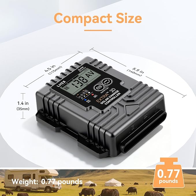 LNEX Solar Charge Controller Waterproof, 20A Solar Panel Regulator with Temp Sensor,Backlit LCD, 12V/24V PWM Solar Controller for LiFePO4,AGM, Gel, Flooded and Lithium Battery