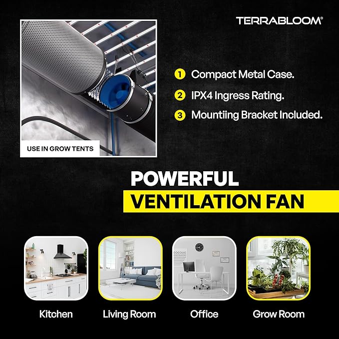 TerraBloom 12 Inch Inline Fan EC - Quiet HVAC Grow Tent Fan with 0-100% Temperature Thermostat Speed Controller - Premium Metal Casing 40-75% Energy Efficient EC Motor - For Large Spaces