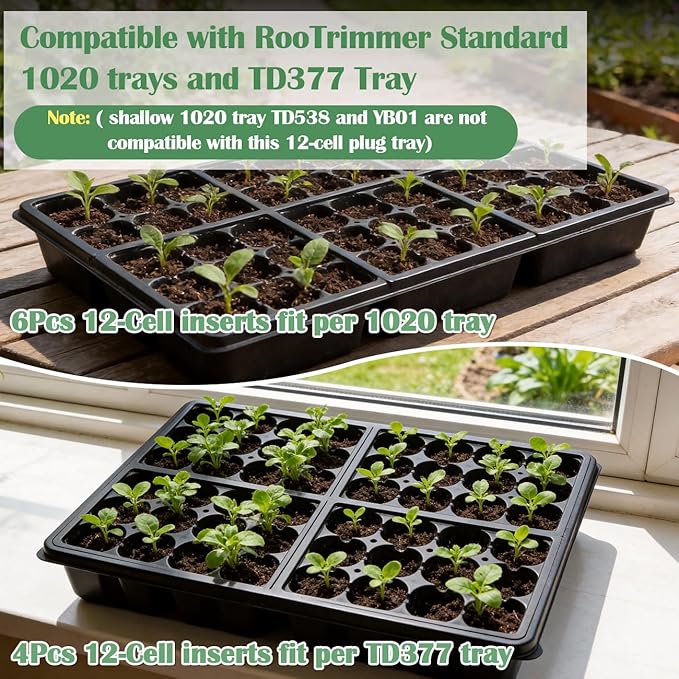 RooTrimmer 60 Pack Reusable 12-Cell Seed Starter Tray, Plant Starter Trays with Large Drainage Holes for Seed Germination, Easy to Repotted, Fits Standard 1020 Flats and TD377 Trays, Black