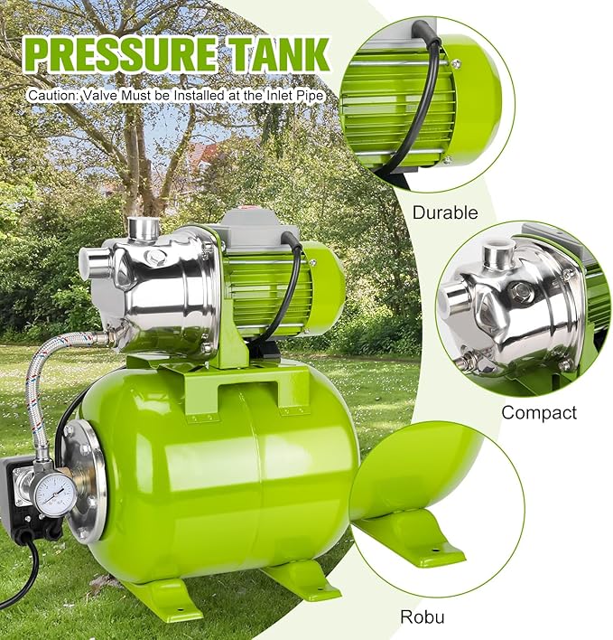 1.6HP Shallow Well Pump with Pressure Tank, 115V, Stainless Steel Irrigation, Automatic Water Booster Jet Pump for Home, Garden, and Lawn Use – Reliable Water Supply Solution