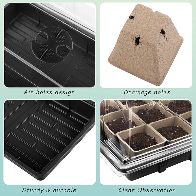 Hahood 4 Pack Seed Starter Tray Kit, 120 Square Seed Peat Pots for Seedlings with Plants Labels, Planting Tools, Plastic Growing Germination Trays with Lids for Indoor Outdoor Gardening, Black
