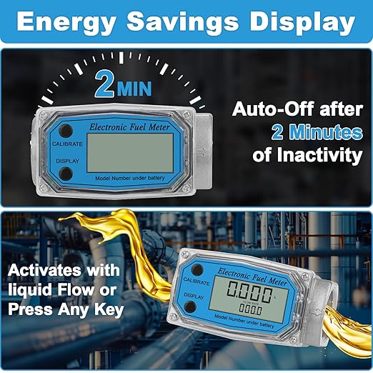 1" 2.6-26 GPM Inline NPT Thread Flowmeter, Digital Turbine Fuel Flow Meter, for Water, Diesel, Gas Oil, Gasoline, and Other Liquids - Supports Gallon, QTS, PTS, L, m³ with 3/4 in Adapters