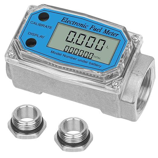 1" 2.6-26 GPM Inline NPT Thread Flowmeter, Digital Turbine Fuel Flow Meter, for Water, Diesel, Gas Oil, Gasoline, and Other Liquids - Supports Gallon, QTS, PTS, L, m³ with 3/4 in Adapters