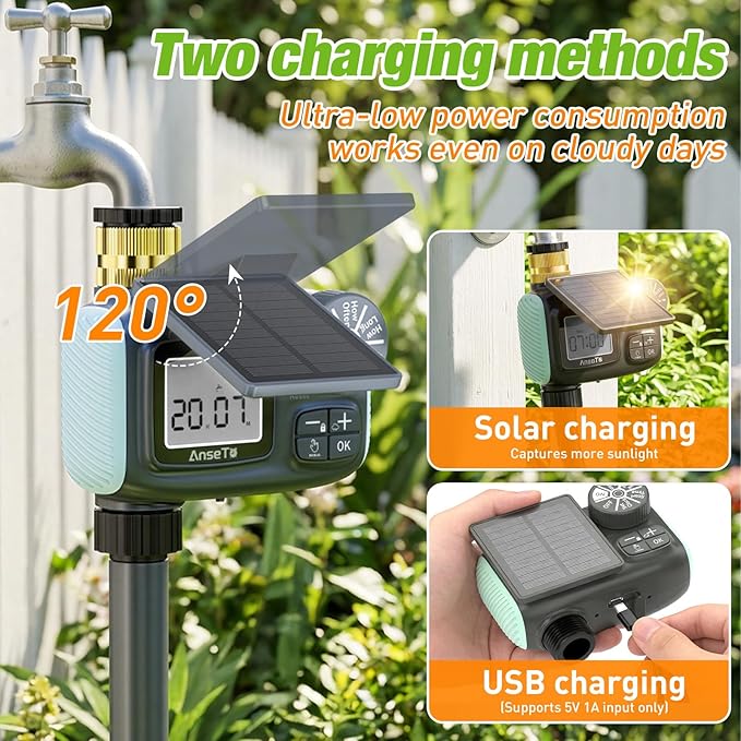 Solar Sprinkler Timer, Solar & Type-C Rechargeable Water Timer for Garden Hose, Programmable Faucet System with Rain Delay/Manual/Auto Mode, Digital Irrigation Controller for Lawn/Yard/Pool