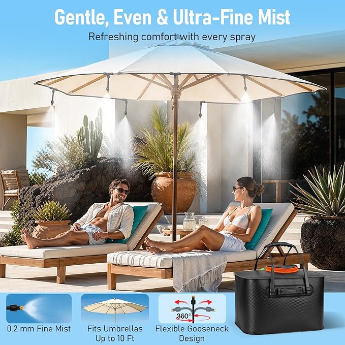Bonviee Portable Misters for Outside Patio – Outdoor Misting System with Cordless 6000mAh Water Pump, 22L Bucket Tank, 36FT Hose with 8 Nozzles for Patio, Umbrella, Greenhouse, Camping