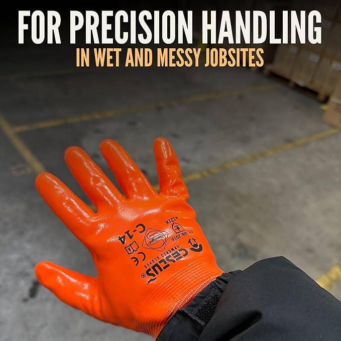 Cestus C-14, 3 Pairs Nitrile Coated Work Gloves for Men, Waterproof Safety Gloves for Fuel Handling, Construction, Warehouse