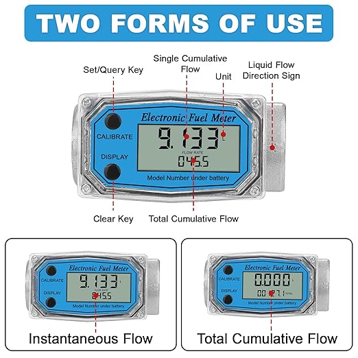 1" 2.6-26 GPM Inline NPT Thread Flowmeter, Digital Turbine Fuel Flow Meter, for Water, Diesel, Gas Oil, Gasoline, and Other Liquids - Supports Gallon, QTS, PTS, L, m³ with 3/4 in Adapters