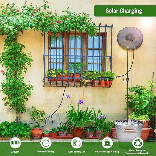 Solar Irrigation System TRJZWA Automatic Drip Irrigation System Kit for Outdoor/Indoor Garden Watering System with Water Level Detection,Drip Irrigation System Supports 15 Potted Plants