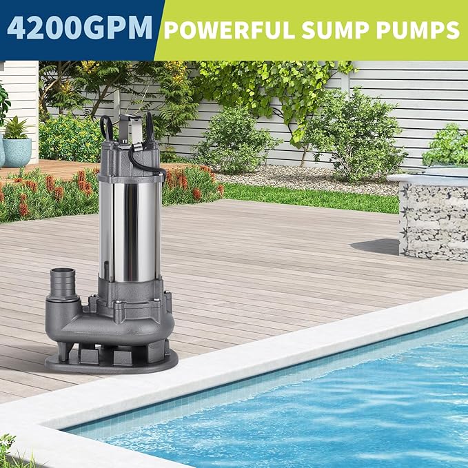 1/2 HP Submersible Sewage Pump, 6600 GPH Heavy Duty Cast Iron Effluent Pump with Automatic Tethered Float Switch, Sump Pump for Sump Basin, Basement, Residential Use