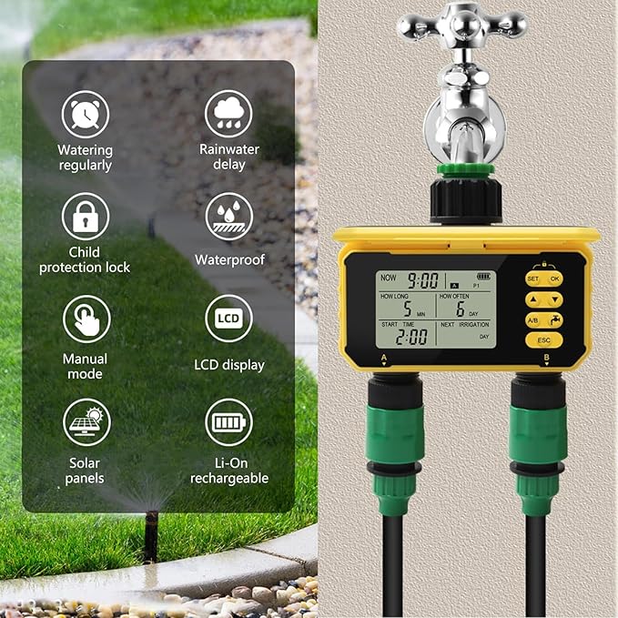 Solar Panel Sprinkler Timer, Double Outlet Smart Water Timer with Rain Sensor, Automatic Watering Valve Irrigation Controller System for Garden Hose Lawns Yard