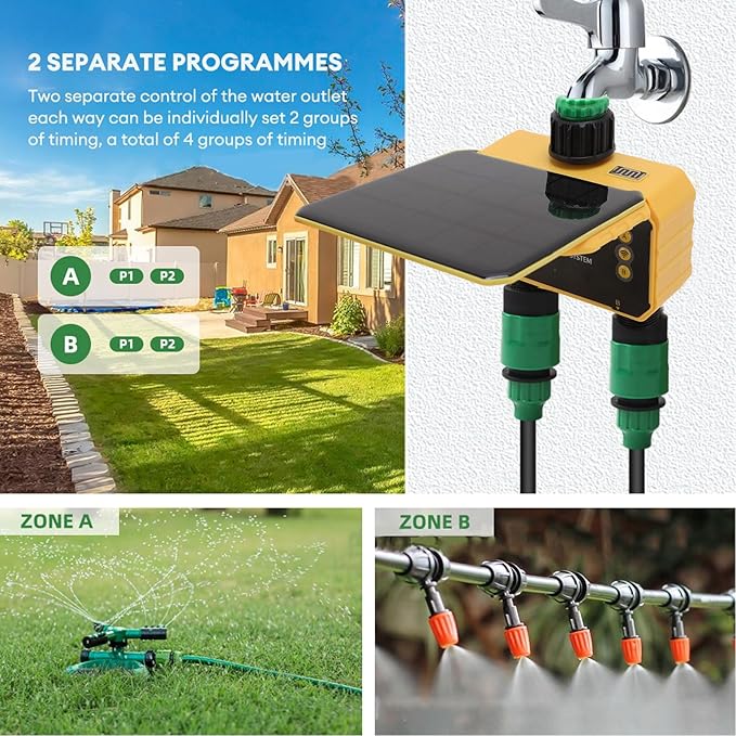 Luqeeg WiFi Sprinkler Timer, Solar Powered Rain Delay App Control 2 Zone Solar Watering System with Accuracy Filter, Sprinkler System | Irrigation Timer for Yard Balcony Garden