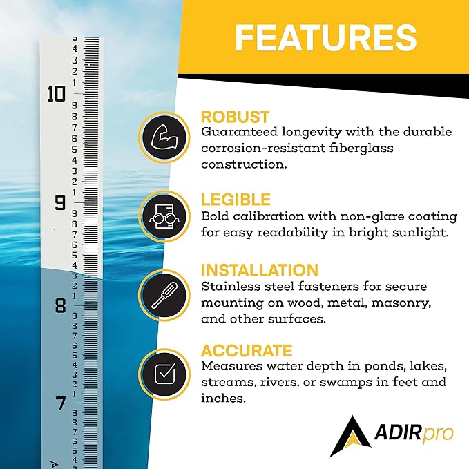 AdirPro 7" Wide Stream Gauge - Heavy Duty Staff - All Weather Measuring - Water Depth - Flow Meters 5.5' - 10.5' (100ths/10ths/feet)