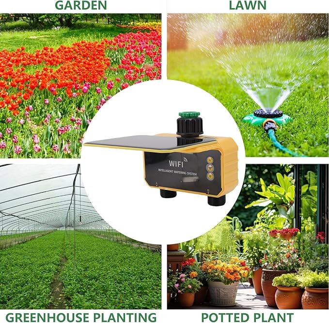 Luqeeg WiFi Sprinkler Timer, Solar Powered Rain Delay App Control 2 Zone Solar Watering System with Accuracy Filter, Sprinkler System | Irrigation Timer for Yard Balcony Garden